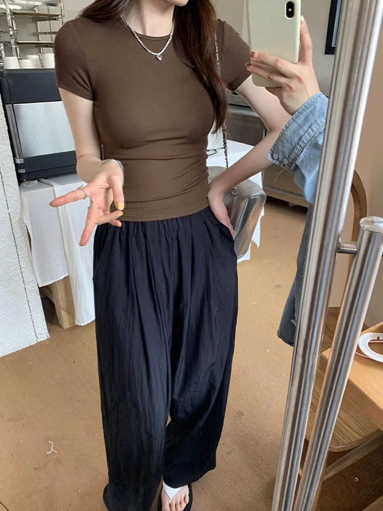 Crop Top Basique Uni Femme – Manches Courtes Col Rond Ajusté | Style Y2K Vintage Harajuku Streetwear