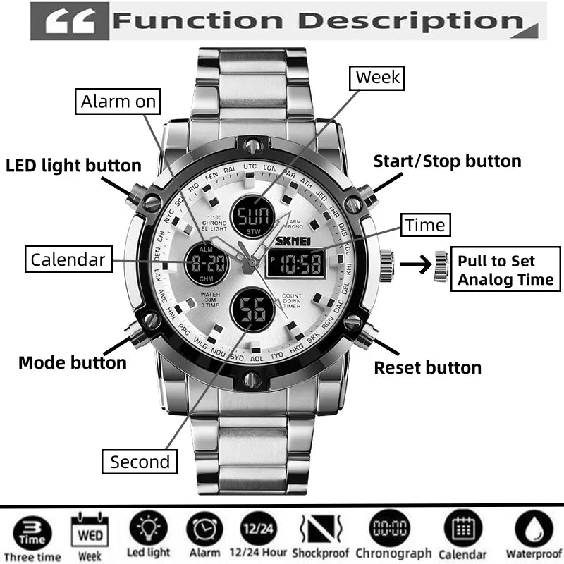Montre Homme SKMEI Luxe Bracelet Acier 3 Fuseaux Horaires LED Sport Alarme Analogique Digitale Chronomètre | Montre SKMEI Multifonction Sport Luxe Premium