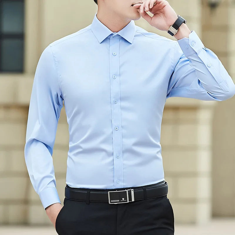 Chemise Homme Grande Taille Couleur Unie Business Slim Fit Manches Longues – Classique Casual Élégant Blanc | Mode Homme