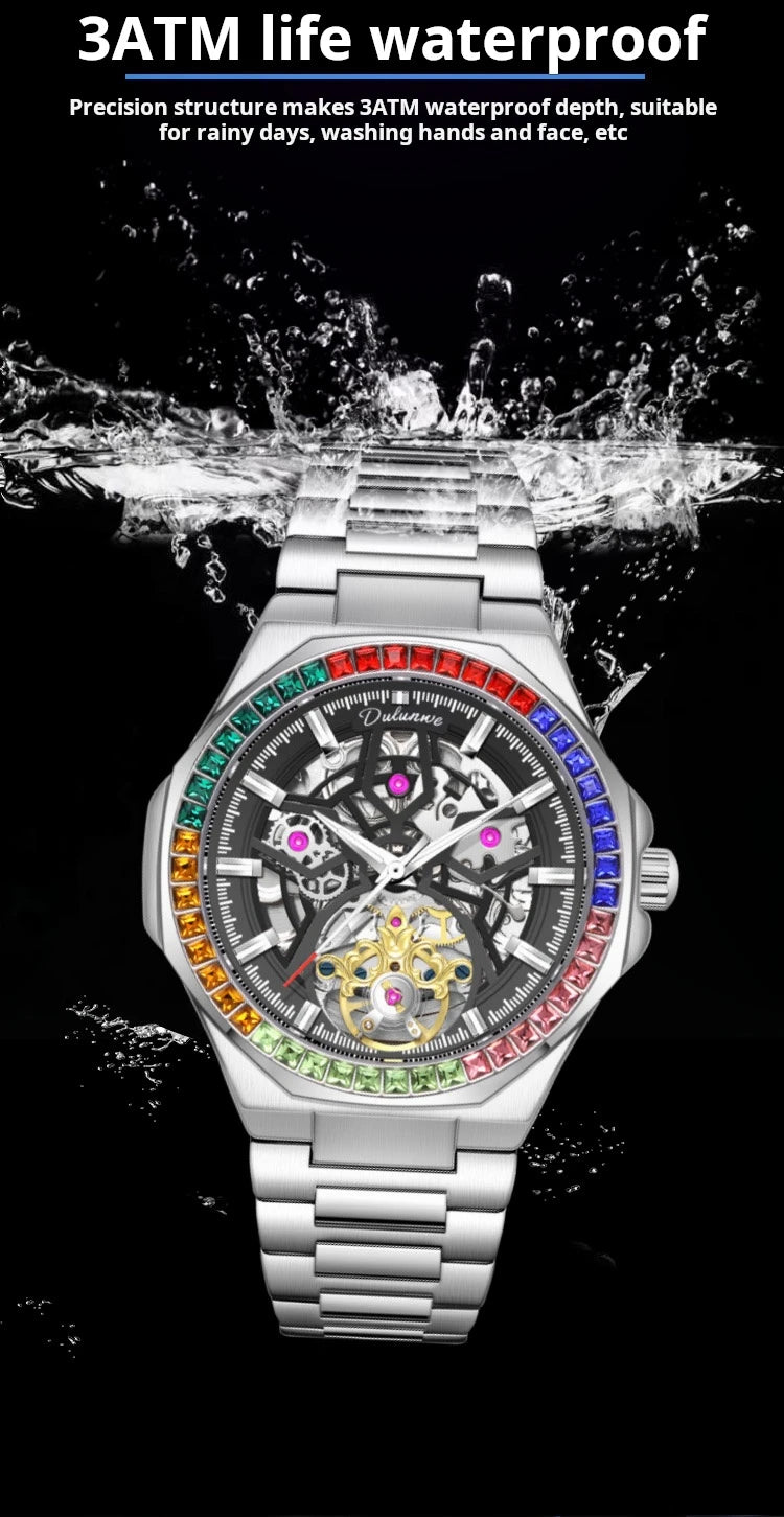 Montre Homme Tourbillon Automatique Mécanique – Lunette Gemmes Arc-en-Ciel Sport Business