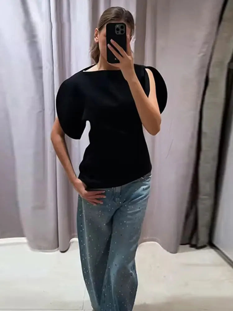 Blouse Noire Vintage Femme – Manches Bouffantes Courtes & Ourlet Asymétrique | Chic Tendance Printemps 2026