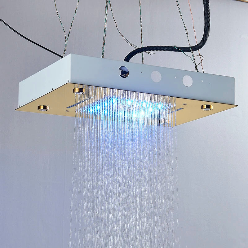 Pommeau Douche Plafond LED Cascade Luxe 49x35cm – Lumières Multicolores Intégrées | Salle de Bain Spa