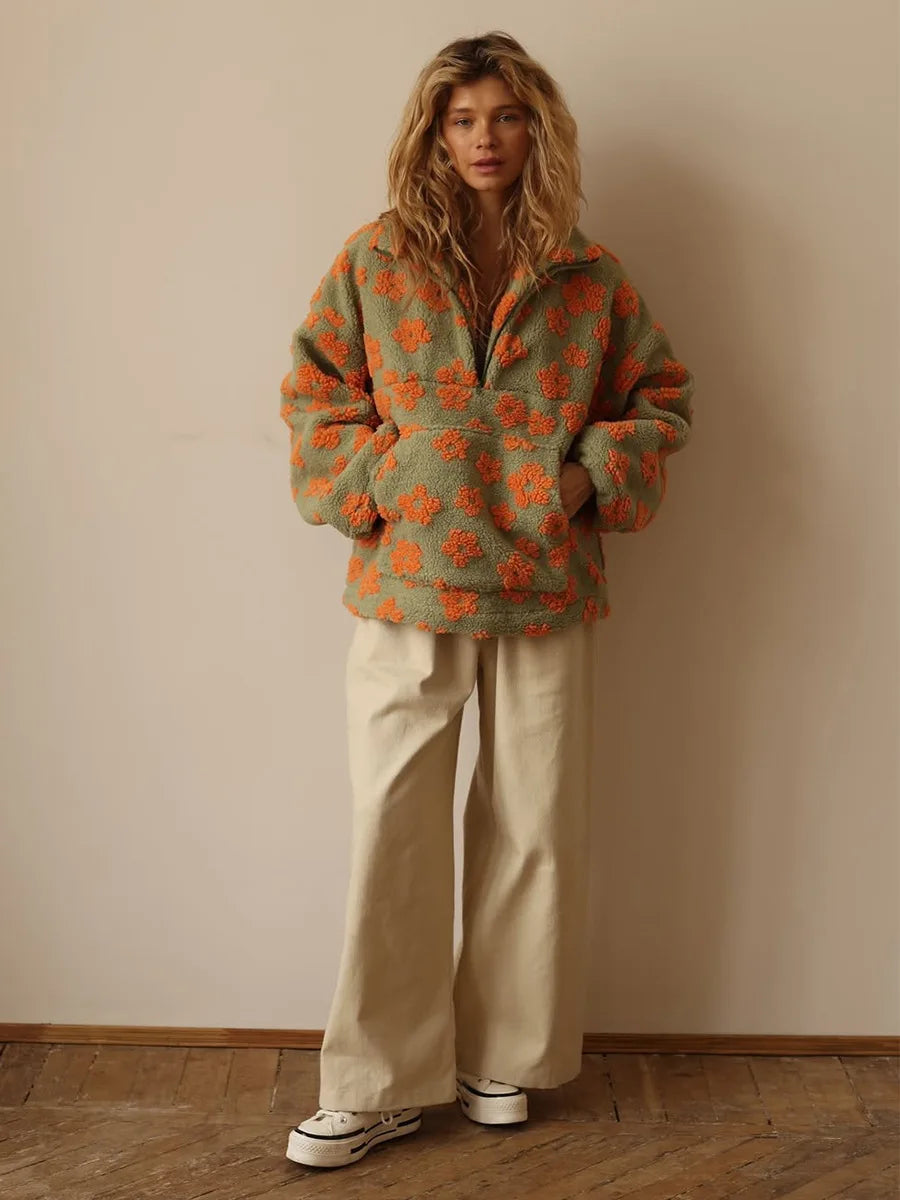 Sweat Femme Sherpa Floral Demi-Zip Ample Chaud – Pull Douillet & Tendance | Automne Hiver