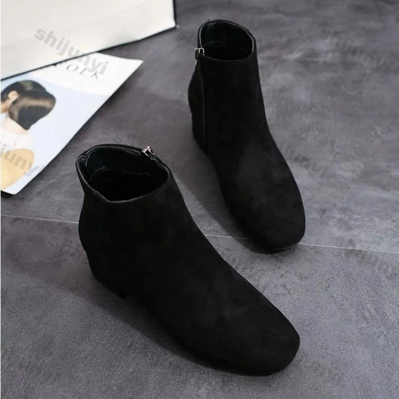 Bottines Suède Chunky Heel Snow Goth Femme – Mi-Talon Tendance Walking Élégant Automne