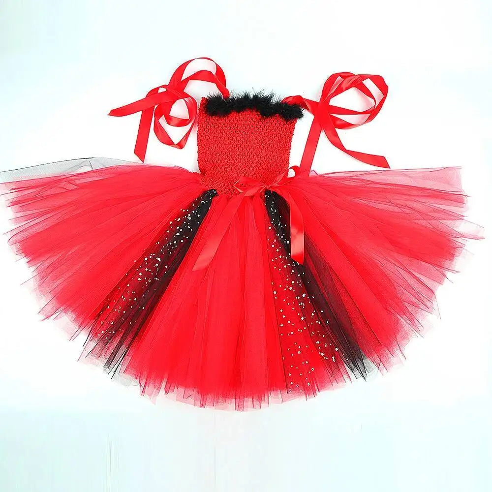 Déguisement Diablesse Rouge Fille – Robe Tutu Demon avec Ailes Cornes Trident Halloween Carnaval