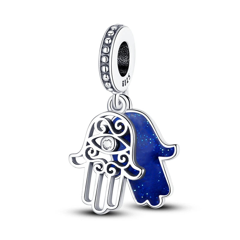 Charm Argent 925 Bleu Rotatif – Œil Démon, Main, Lune & Ciel Étoilé | Perle Pendentif Bracelet Femme | Bijou Spirituel & Mystique