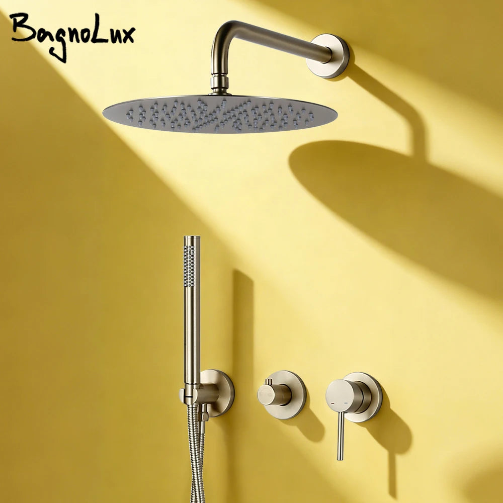 Bagnolux Ensemble Douche Pluie Mural Or Brossé – Valve de Contrôle, Pommeau Pluie, Douchette & Flexible | Salle de Bain Luxe