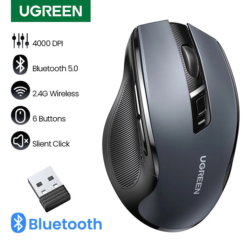 UGREEN Souris Sans Fil Ergonomique – Bluetooth 5.0 & 2.4G, 4000 DPI, 6 Boutons Silencieux | MacBook, PC & Tablette