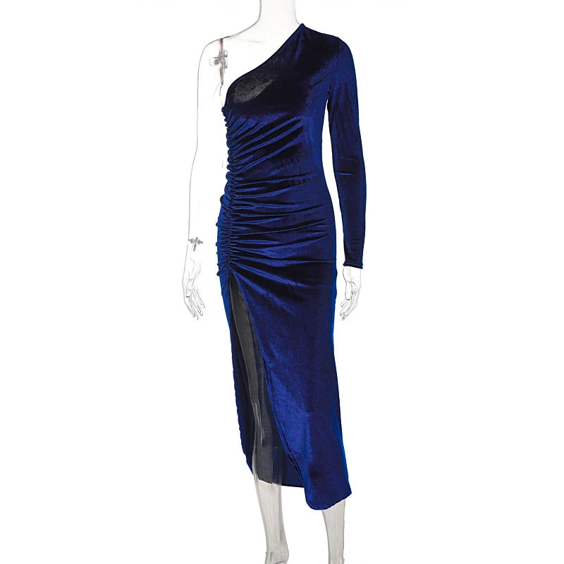 Elegantes Damen Samt Midi-Kleid Langarm Bodycon Schlitz Bleistift Abendkleid – Schickes Outfit Frühling Herbst | Glamour