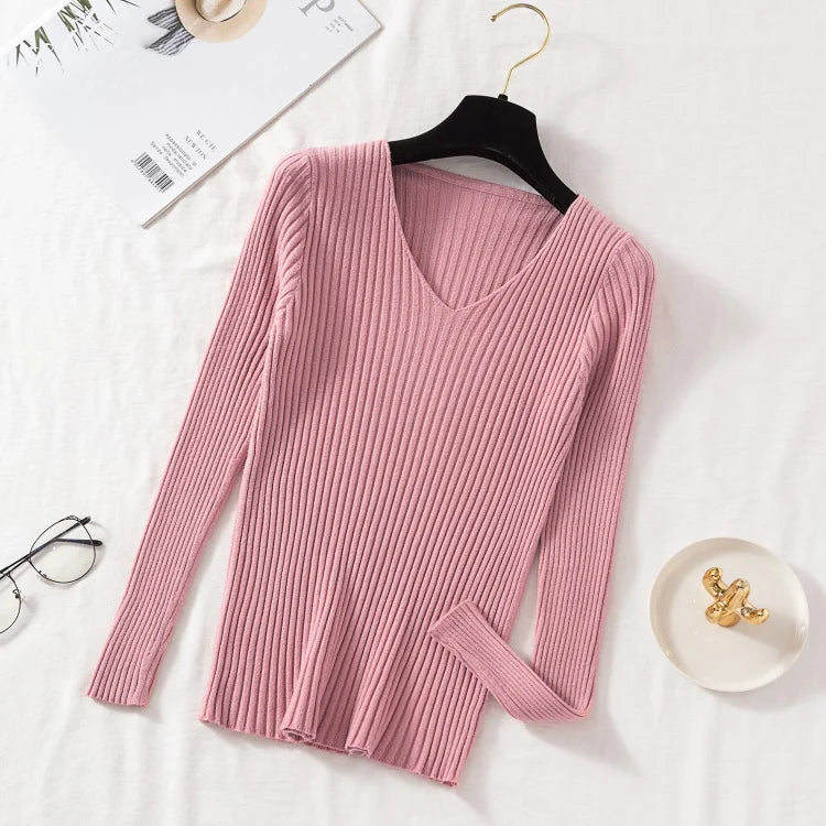 Pull Femme Col V Tricoté Manches Longues Casual Uni Basique – Sweater Chaud Confortable Automne Hiver | Mode Intemporelle