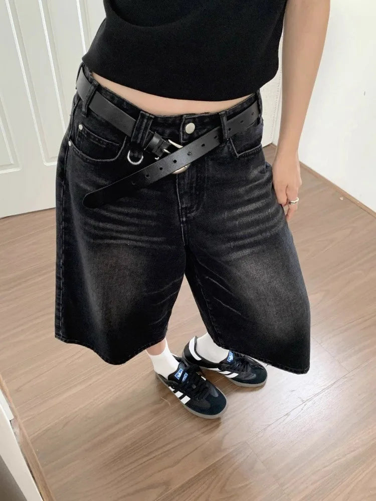 Short Jean Femme Taille Haute Noir Vintage Harajuku Y2K Streetwear – Denim Lavé Loose Casual Mi-Long | Mode