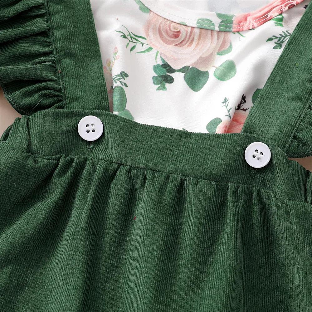 Tenue 3 Pièces Bébé Fille Fleurie – Top Manches Longues + Jupe Bretelles + Bandeau 0-12 Mois