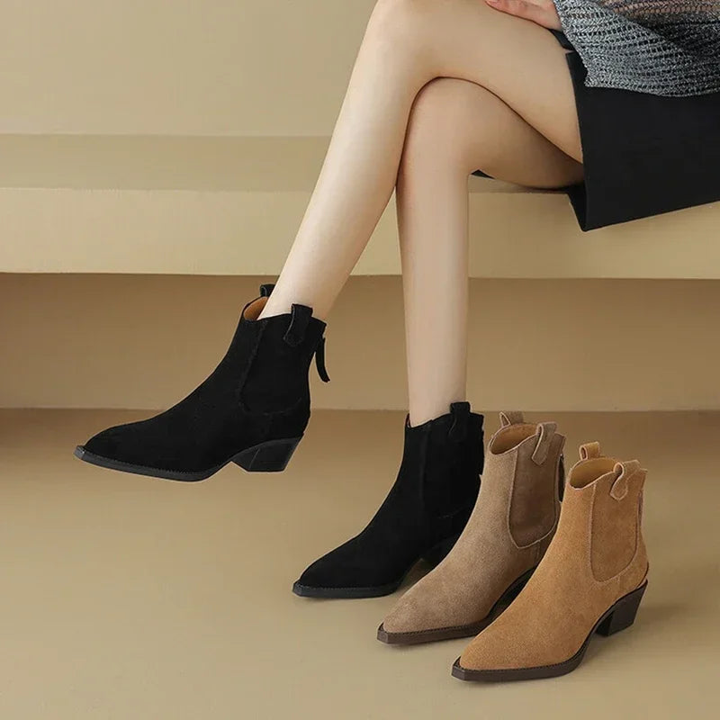 Bottes Suède Vache Chunky Heel Western Femme – Bout Pointu Noir Zip Concis Automne
