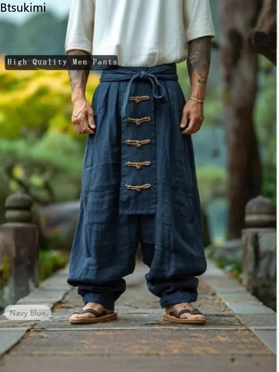 Pantalon Homme Lin Coton Large Ethnique Casual Couleur Unie Lacets Baggy Vintage Streetwear Printemps Été Confortable Léger – Pantalon Boho Premium Jambe Large | Mode Homme Casual Premium