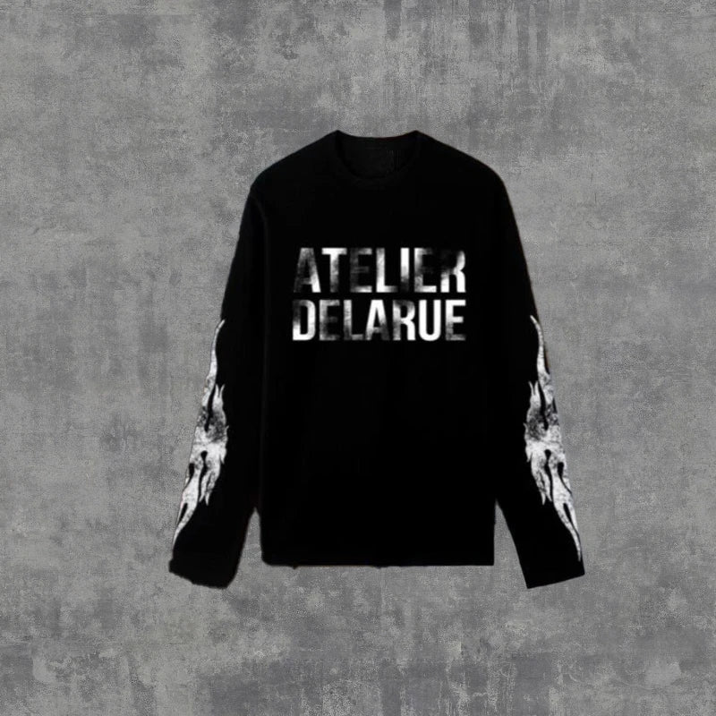 Sweat Unisexe Y2K Harajuku Rétro Manches Longues Imprimé Flamme Lettres Oversize – Streetwear Casual Confortable | Mode Homme & Femme