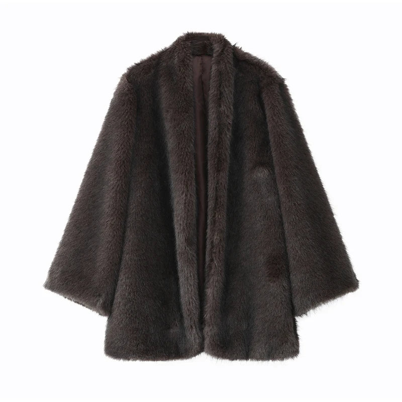 Manteau Femme Mi-Long Fausse Fourrure Col Revers Boutons Cachés Ample Élégant – Overcoat Bureau Chic | Hiver