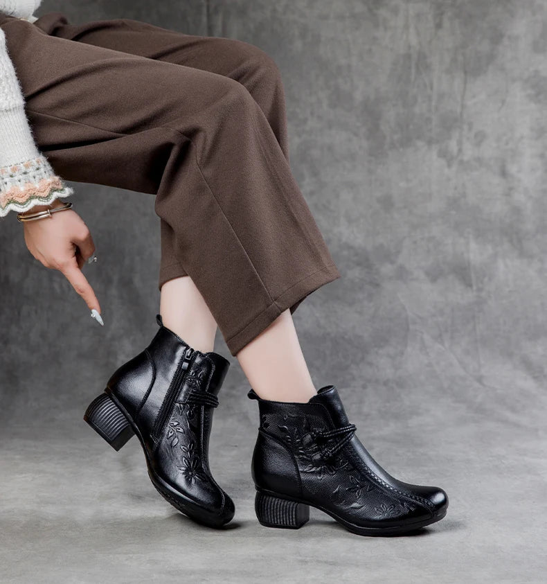 GKTINOO Bottines Cuir Véritable Talon Épais 2026 – Zip Retro Fait Main Automne Hiver