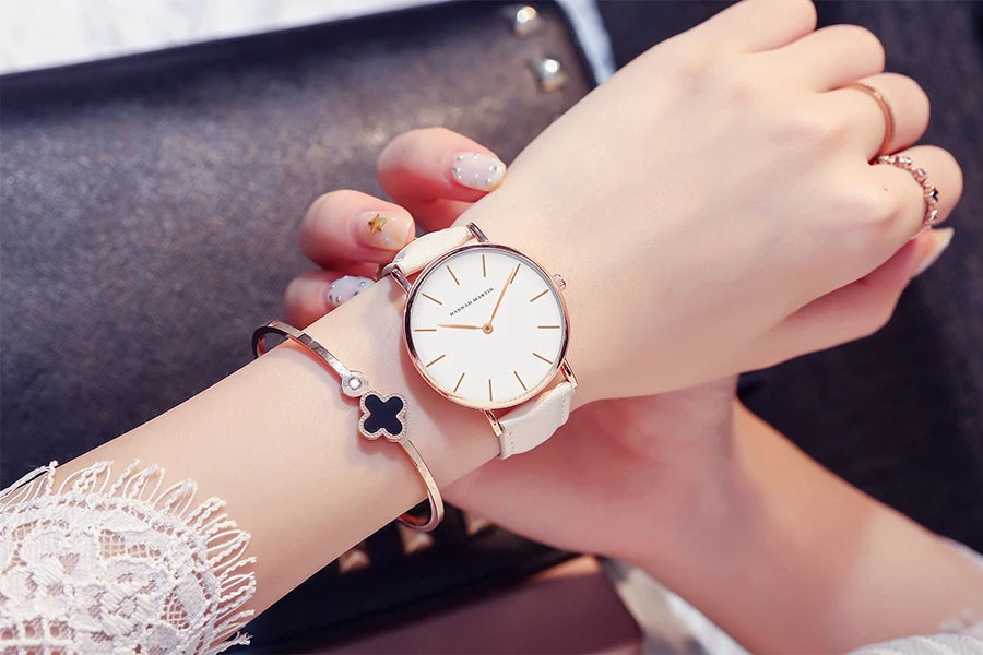 Montre Femme Luxe HANNAH MARTIN Ultra-Fine 36mm Cuir Or Rose – Étanche Élégante Fashion