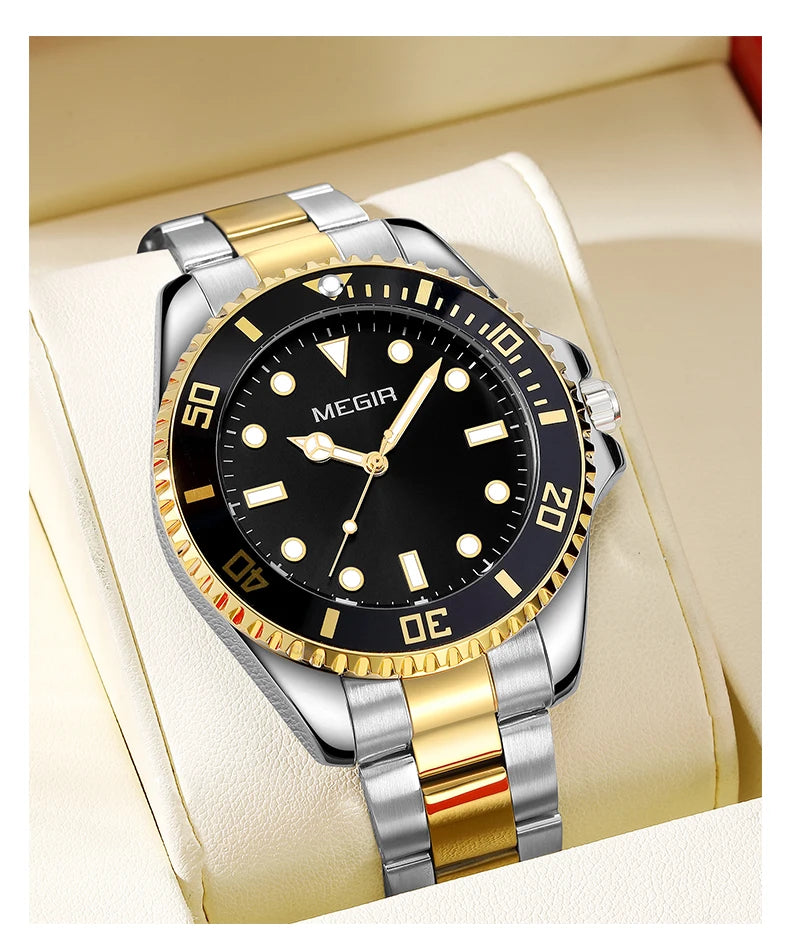 Montre Homme Luxe MEGIR Quartz Acier Calendrier – Classique Étanche Fashion