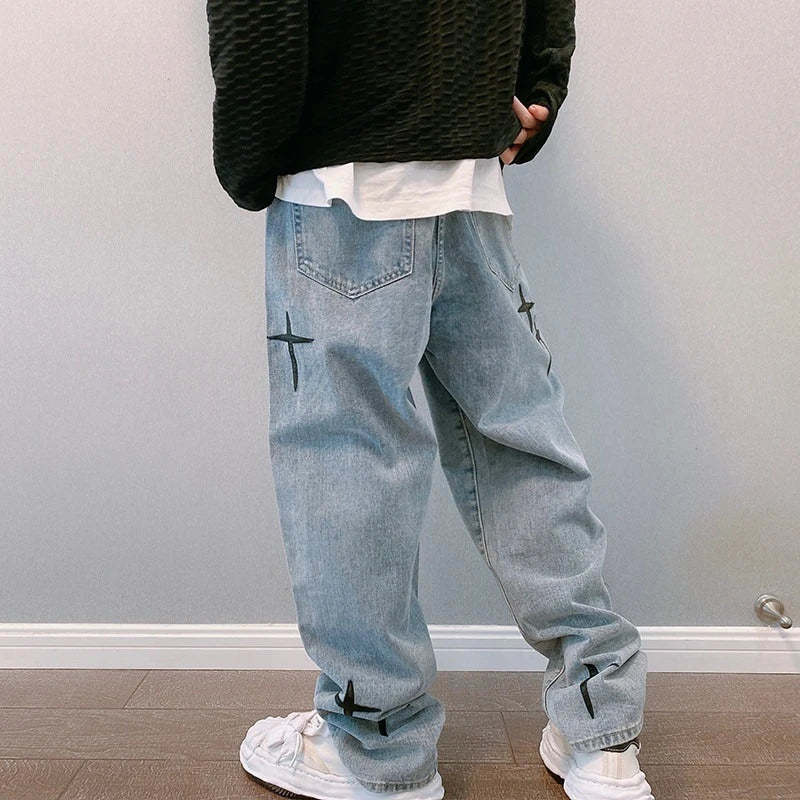 Jean Homme Imprimé Baggy Wide Leg Style Coréen K-Fashion Streetwear Cargo Droit Casual Loose Denim Tendance Urbain – Jean Baggy Premium K-Fashion | Mode Homme Streetwear K-Fashion Premium