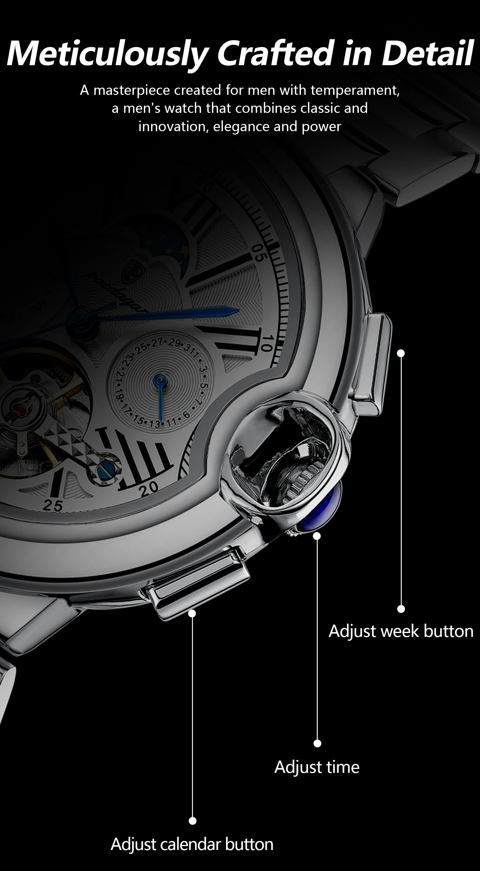 Montre Homme POEDAGAR Tourbillon Automatique Militaire – Acier Date Semaine Étanche