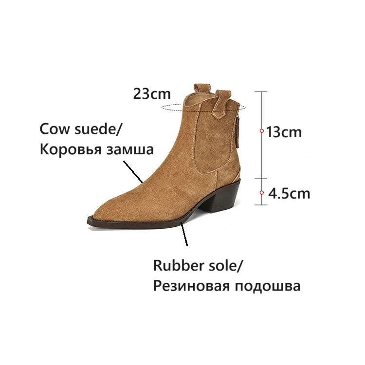 Bottes Suède Vache Chunky Heel Western Femme – Bout Pointu Noir Zip Concis Automne