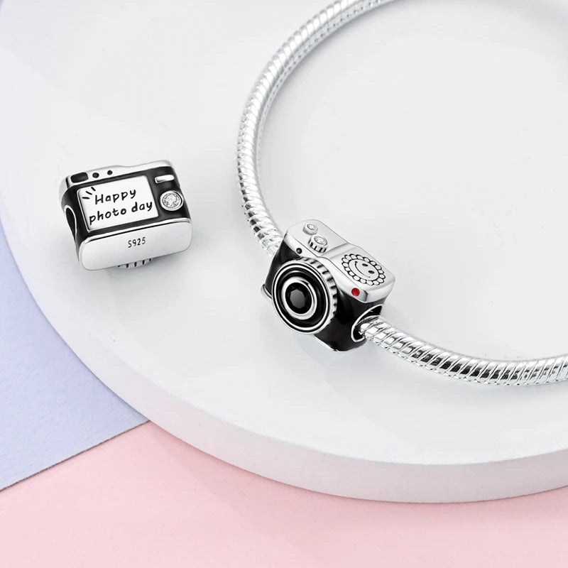 Charm Perle Argent 925 DIY — Avion Tour Appareil Photo Bracelet Collier Femme