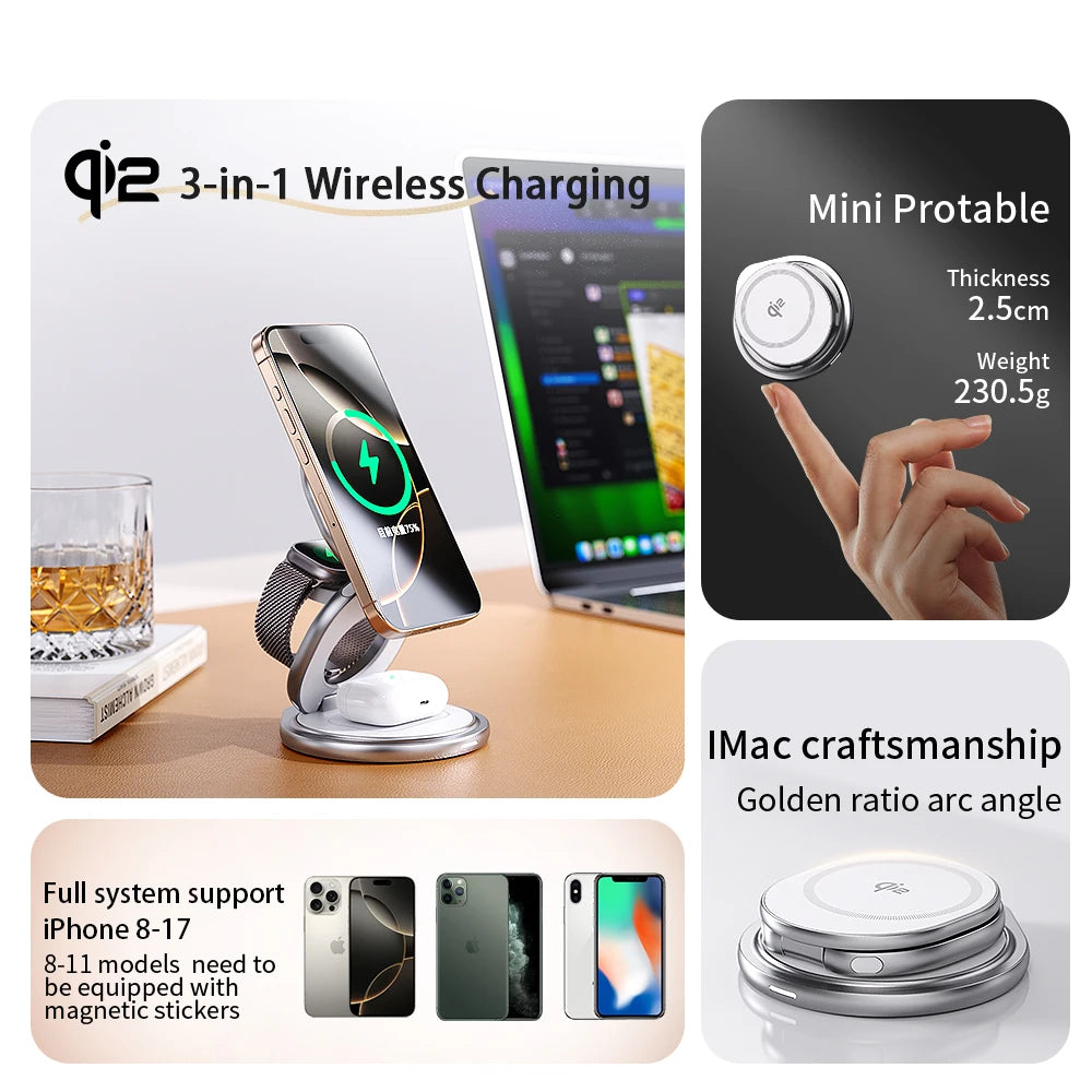 Chargeur Qi2 15W 360° Rotatif Pliable – iPhone 12-17 Pro Max Apple Watch AirPods