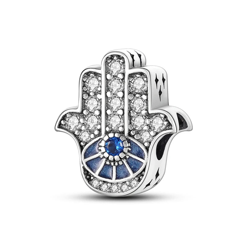 Charm Argent 925 Bleu Rotatif – Œil Démon, Main, Lune & Ciel Étoilé | Perle Pendentif Bracelet Femme | Bijou Spirituel & Mystique