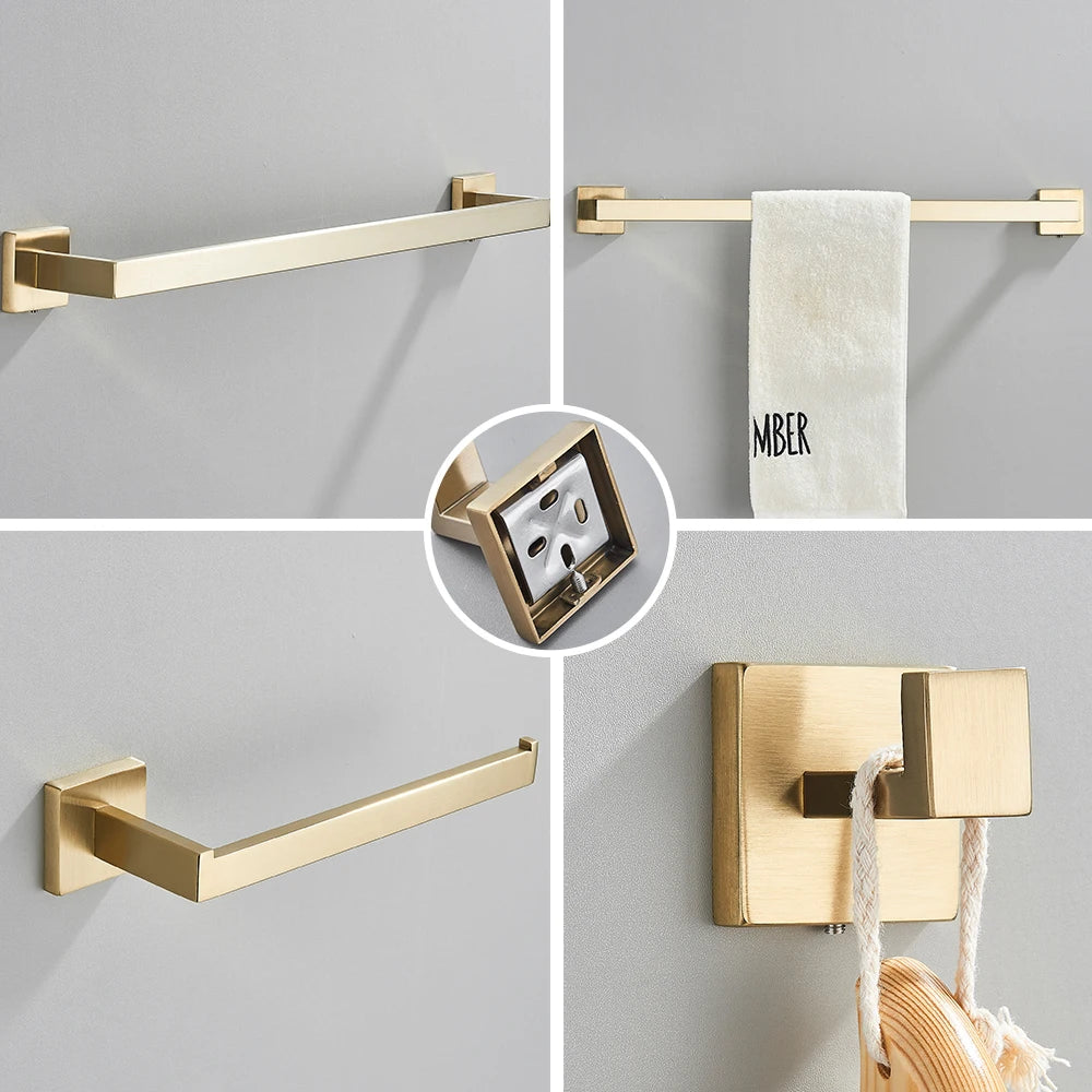 Set Accessoires Salle de Bain Inox – Porte-Serviettes, Porte-Papier & Crochet | Noir & Or Mural