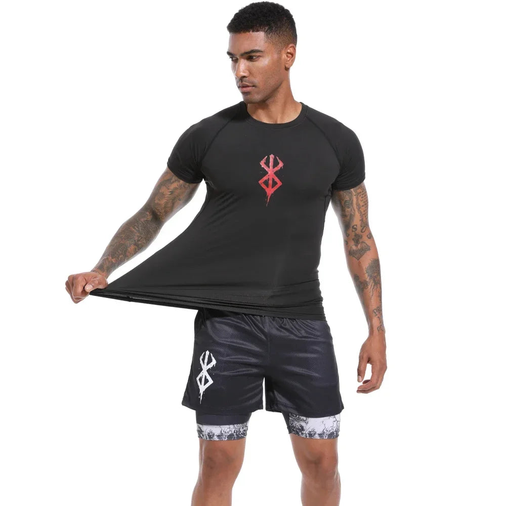 Ensemble Compression Homme Anime Berserk – T-Shirt + Short Gym Séchage Rapide | Running, Fitness & Workout Été | Sportswear Manga