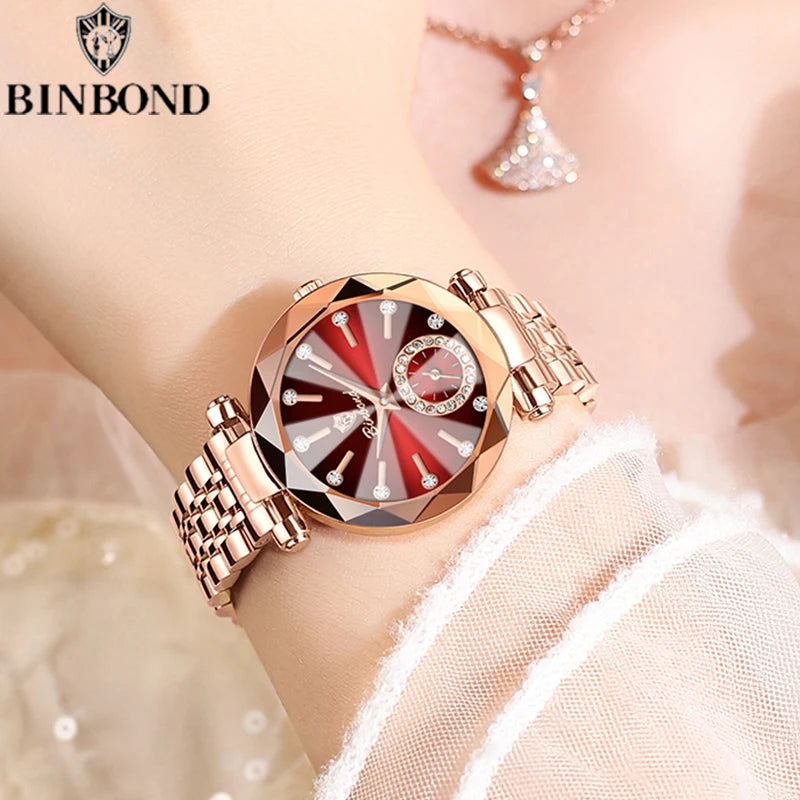 Montre Femme Luxe BINBOND Diamant Cœur de l'Océan Quartz – Lumineuse Étanche Élégante