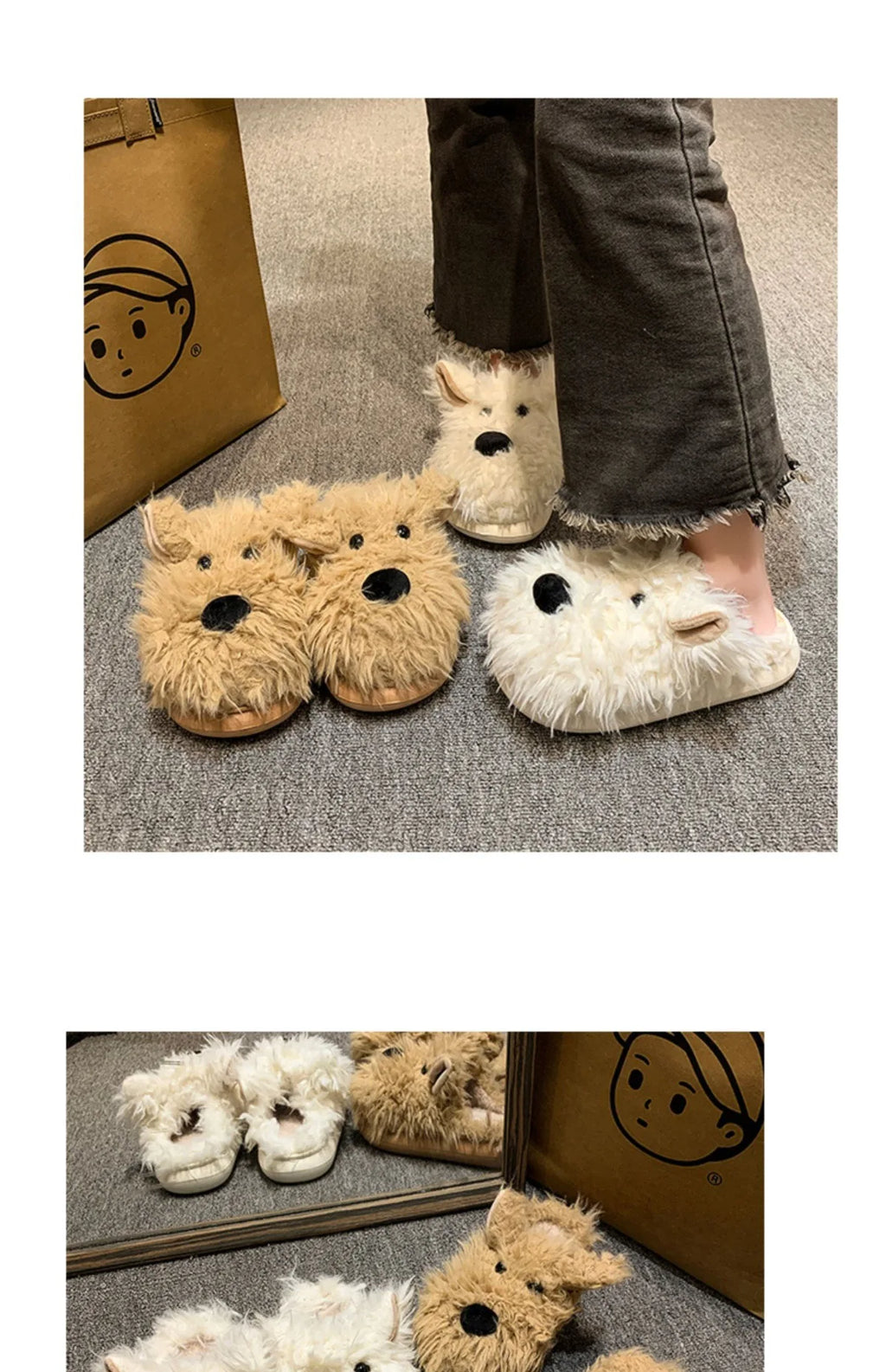 Chaussons Chien Cartoon Plush Hiver Femme – Coton Chaud Non-Slip Intérieur Maison