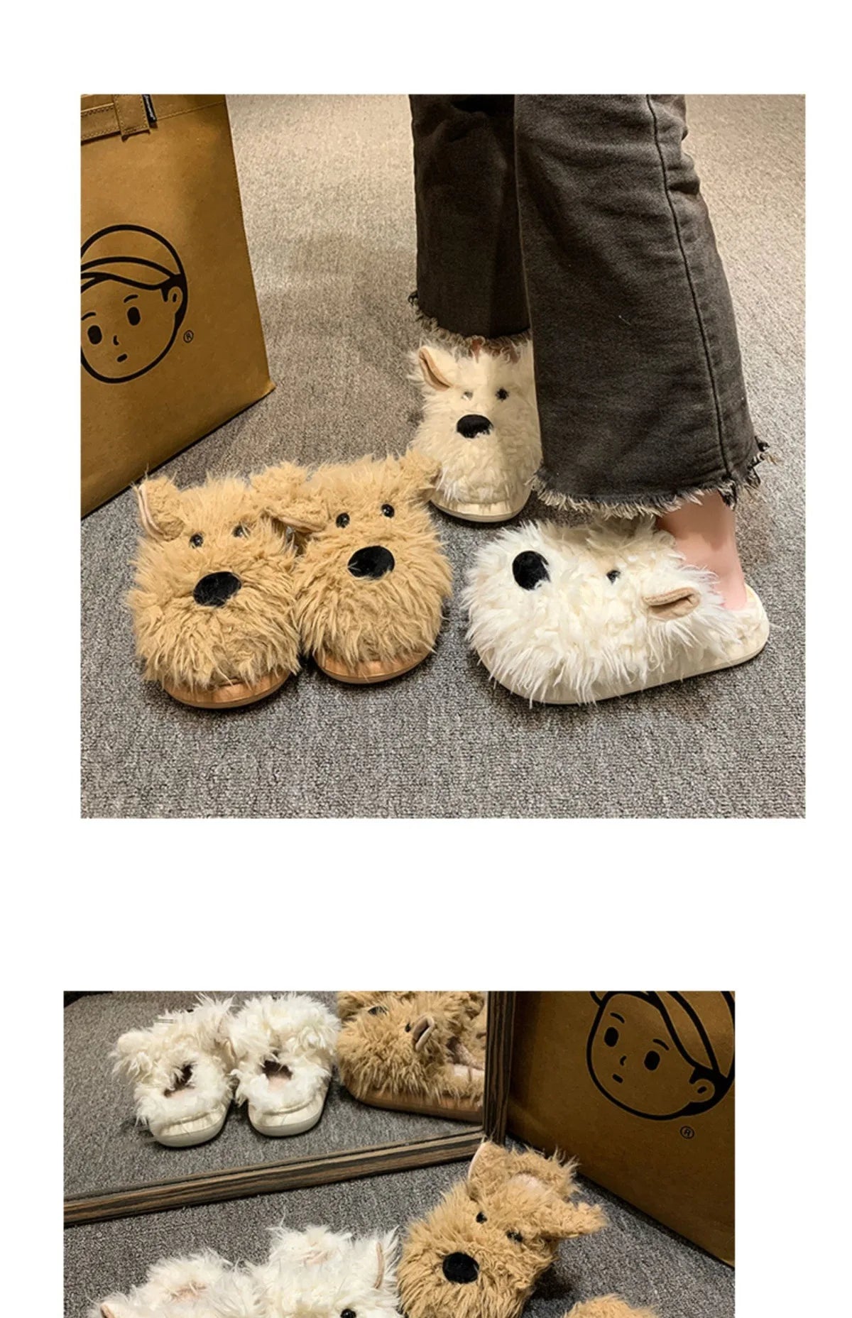 Chaussons Chien Cartoon Plush Hiver Femme – Coton Chaud Non-Slip Intérieur Maison