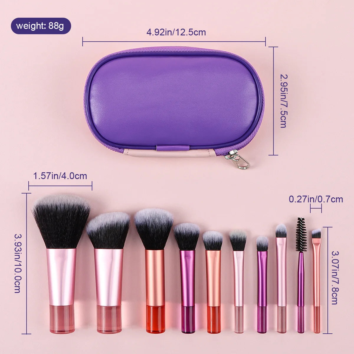 Set 10 Mini Pinceaux Maquillage Manche Crystal – Voyage Friendly avec Pochette | Pinceaux Yeux & Fond de Teint Débutantes