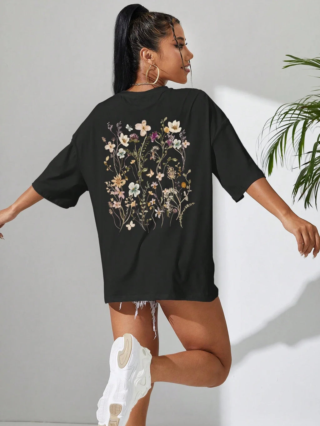 T-Shirt Femme Coton Imprimé Fleurs Manches Courtes Ample Doux Respirant – Top Casual Confortable | Street Style