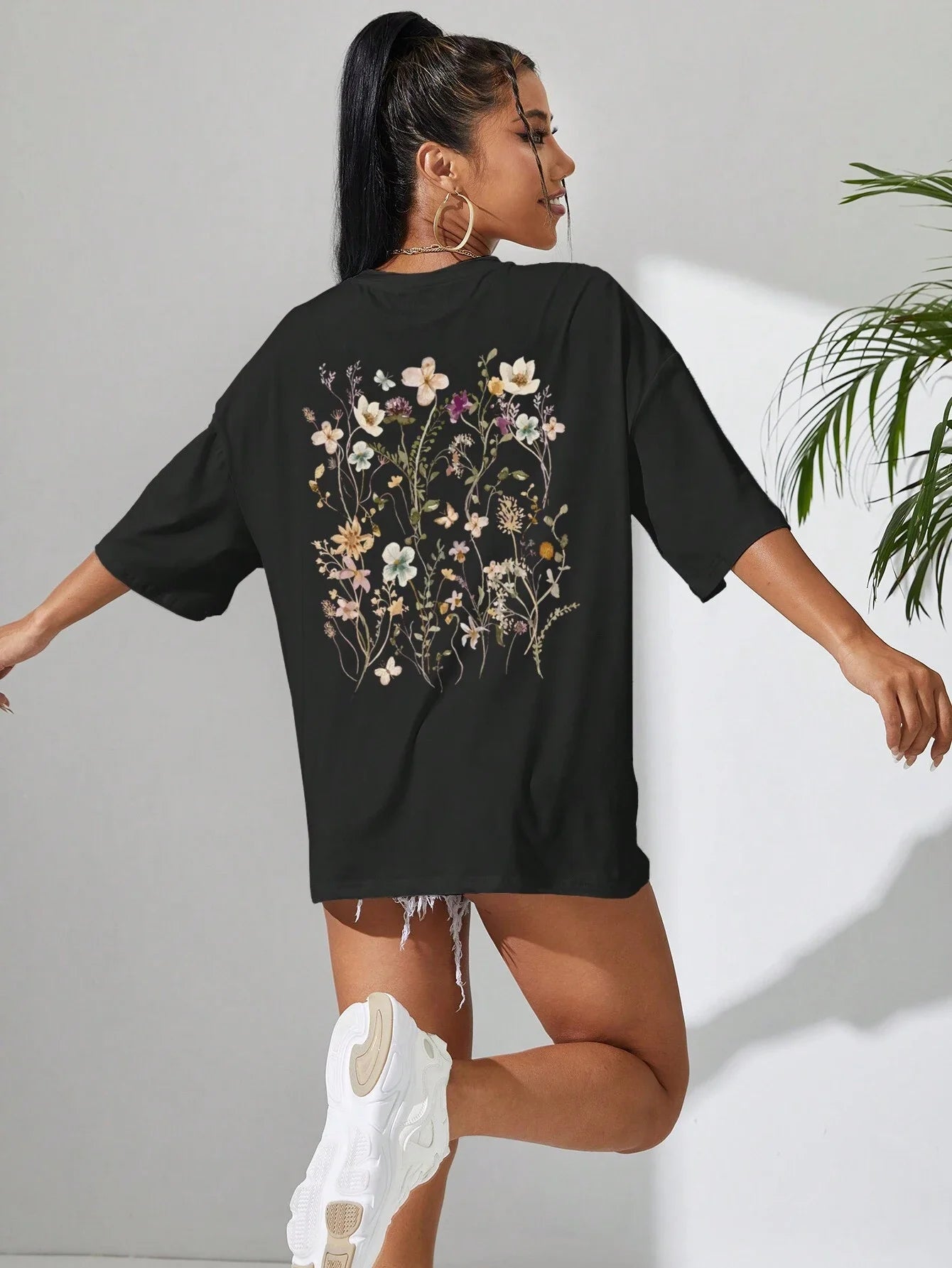 T-Shirt Femme Coton Imprimé Fleurs Manches Courtes Ample Doux Respirant – Top Casual Confortable | Street Style