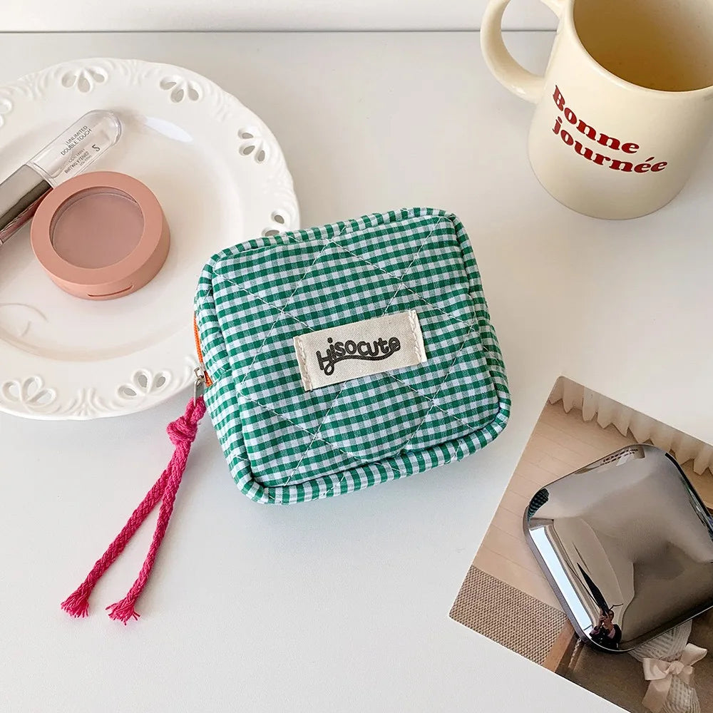 Mini Pochette Vichy Zippée – Trousse Cosmétique Porte-Monnaie Serviettes Hygiéniques Organiseur Cadeau