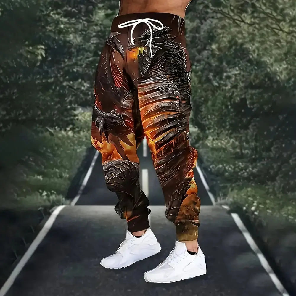 Men's Large Size Loose Pocket Draw Rope Sports Sweatpants Winter New Thick Warm Sweatpants Fashion Dragon Print Sweatpants