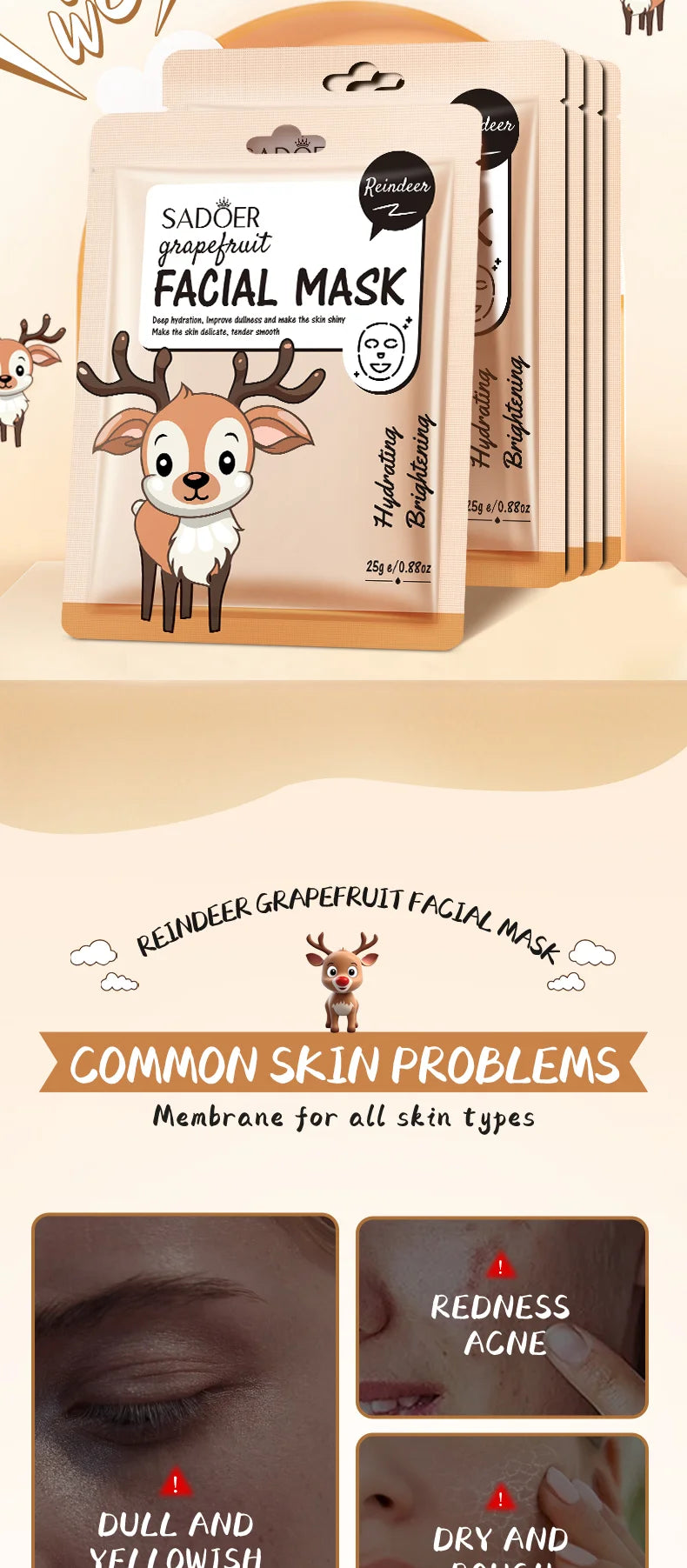 Masques Visage Fruits Frais SADOER – Lot de 5 | Hydratation, Éclat & Apaisement | Soin Peau Quotidien
