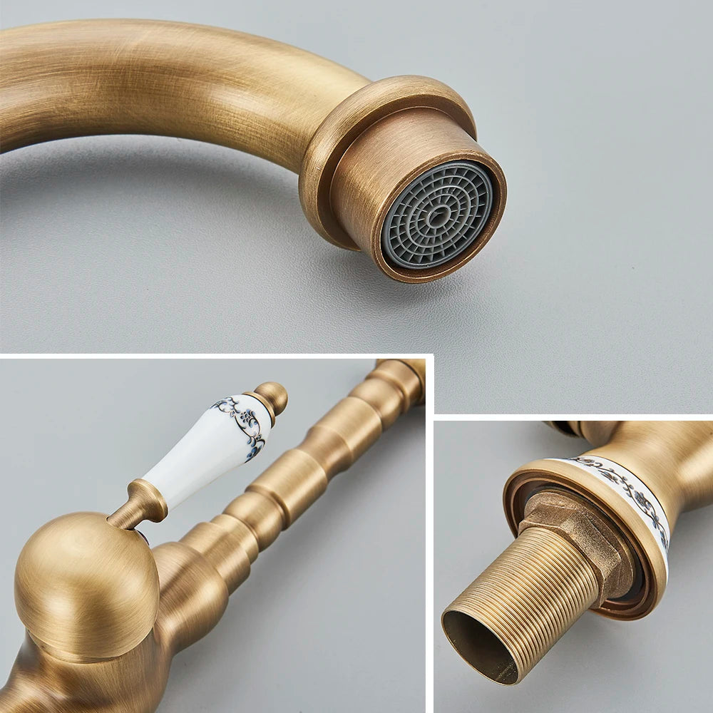 Robinet Laiton Antique Mono-Trou – Poignée Céramique Pivotante, Mitigeur Eau Chaude & Froide | Cuisine & Salle de Bain