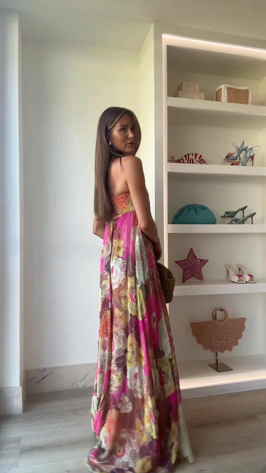 Robe Maxi Femme Imprimée Sans Bretelles Épaules Dénudées Dos Nu Sans Manches Taille Haute – Robe de Soirée Élégante | Été
