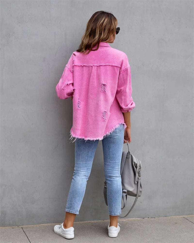 Veste en Jean Femme Bords Bruts Troués – Style Chemise Casual | Printemps Automne Tendance 2025