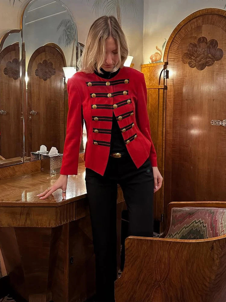 Veste Courte Femme Style Militaire Napoléon Vert Kaki Col Droit Boutonnage Simple – Chic Rétro High Street