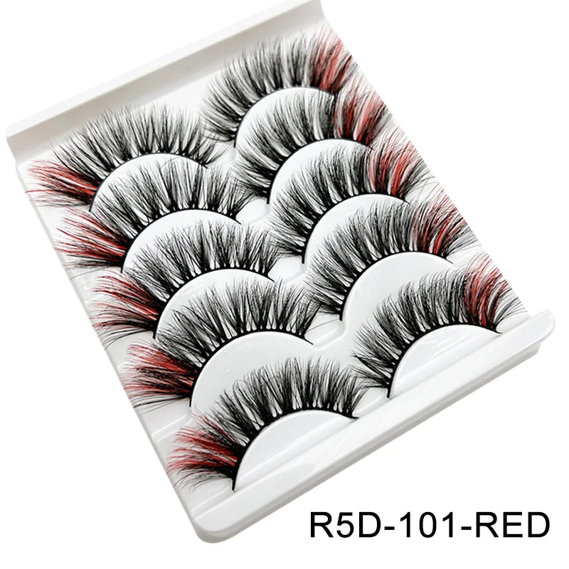 Faux Cils 3D Mink Colorés – Lot 5 Paires Fluffy | Rose, Bleu, Rouge | Maquillage Festif