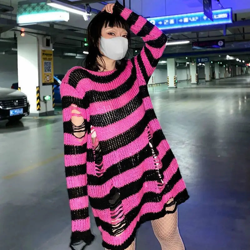 Gothic Damen Strickpullover Lila Streifen Zerrissen Ausgefranst – Fairy Grunge Lolita Emo Streetwear Stil