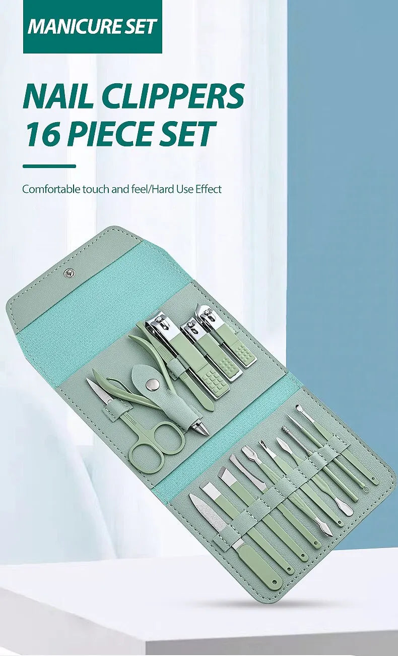 Kit Manucure 16 Pièces Inox – Coupe-Ongles, Ciseaux & Accessoires | Pochette Pliable | Soin Ongles Professionnel