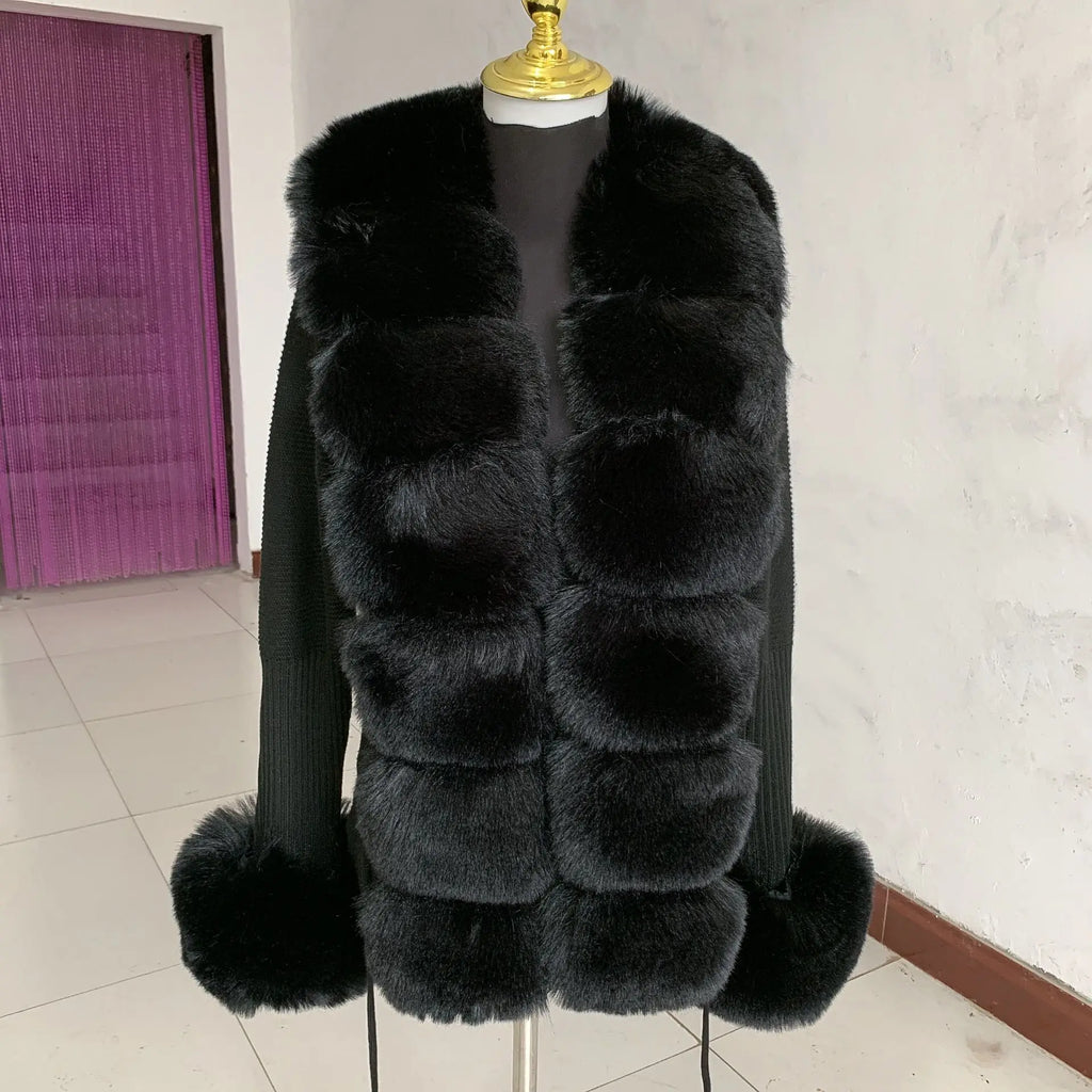 Damen Cardigan Strick Kragen Kunstpelz Fuchs Elegant – Chic & Luxuriöser Pullover Mantel | Frühling Herbst