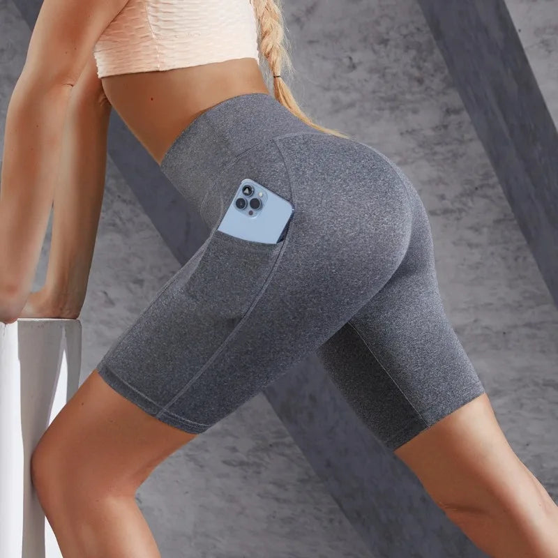 Short Sport Femme Taille Haute Double Poche Élastique Slim Multicolore – Short Yoga Gym Running Fitness | Mode Athleisure