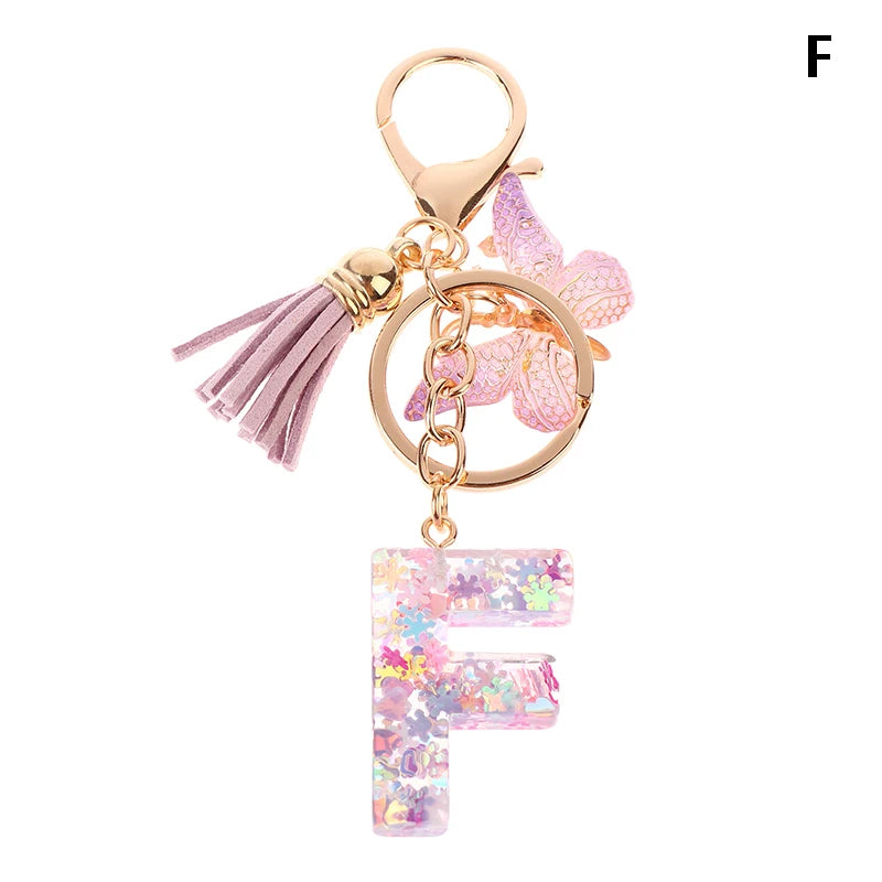 Porte-Clés Lettre Initiale Sequins Femme – Pendentif Papillon Pompon Sac Voiture Bijou